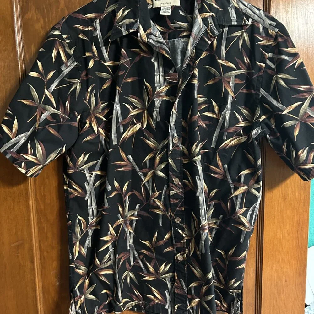 Vintage Cooke Street Honolulu Hawaiian Shirt Button Up Black Bamboo Leaves - Picture 4 of 4